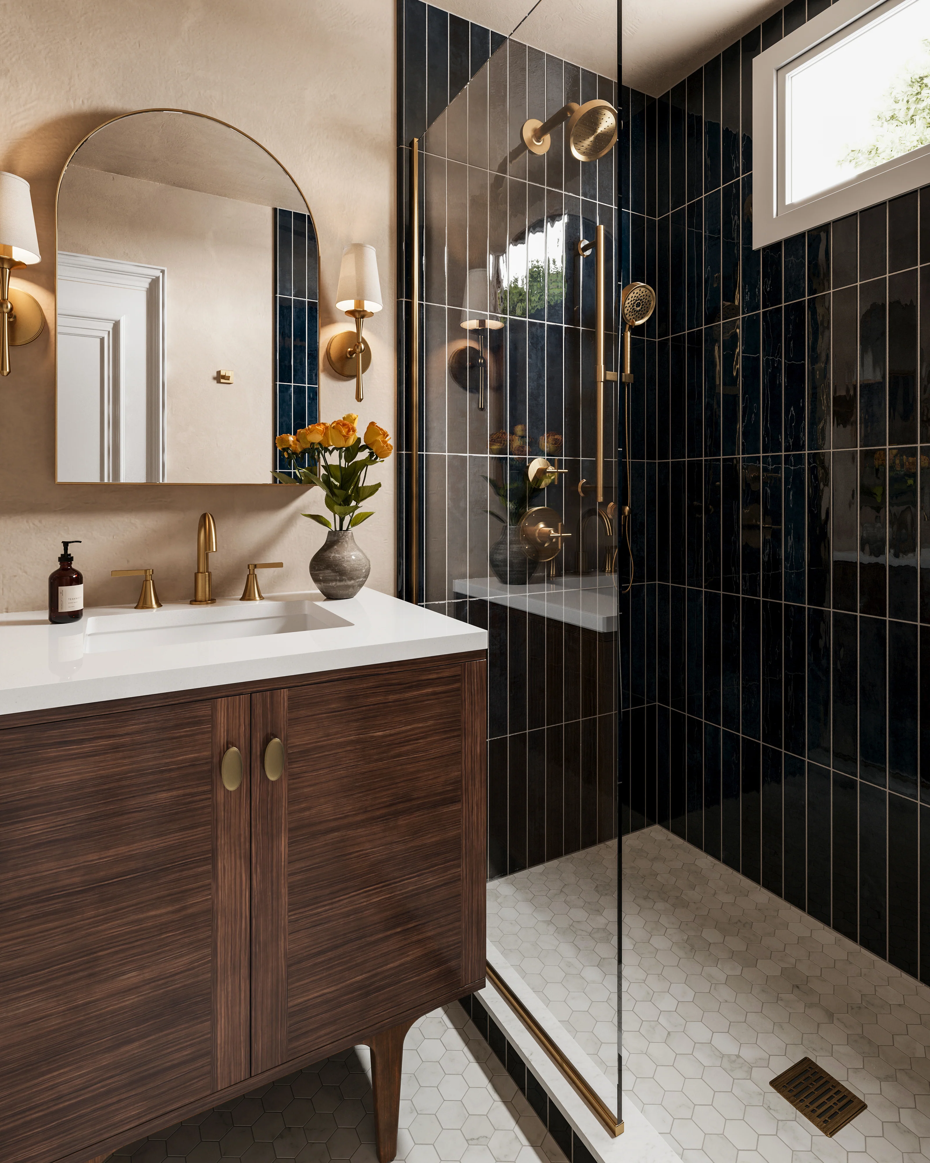 Demi 30" Single Vanity in Mid-Century Walnut with 3 cm White Zeus Quartz Top - Image 9