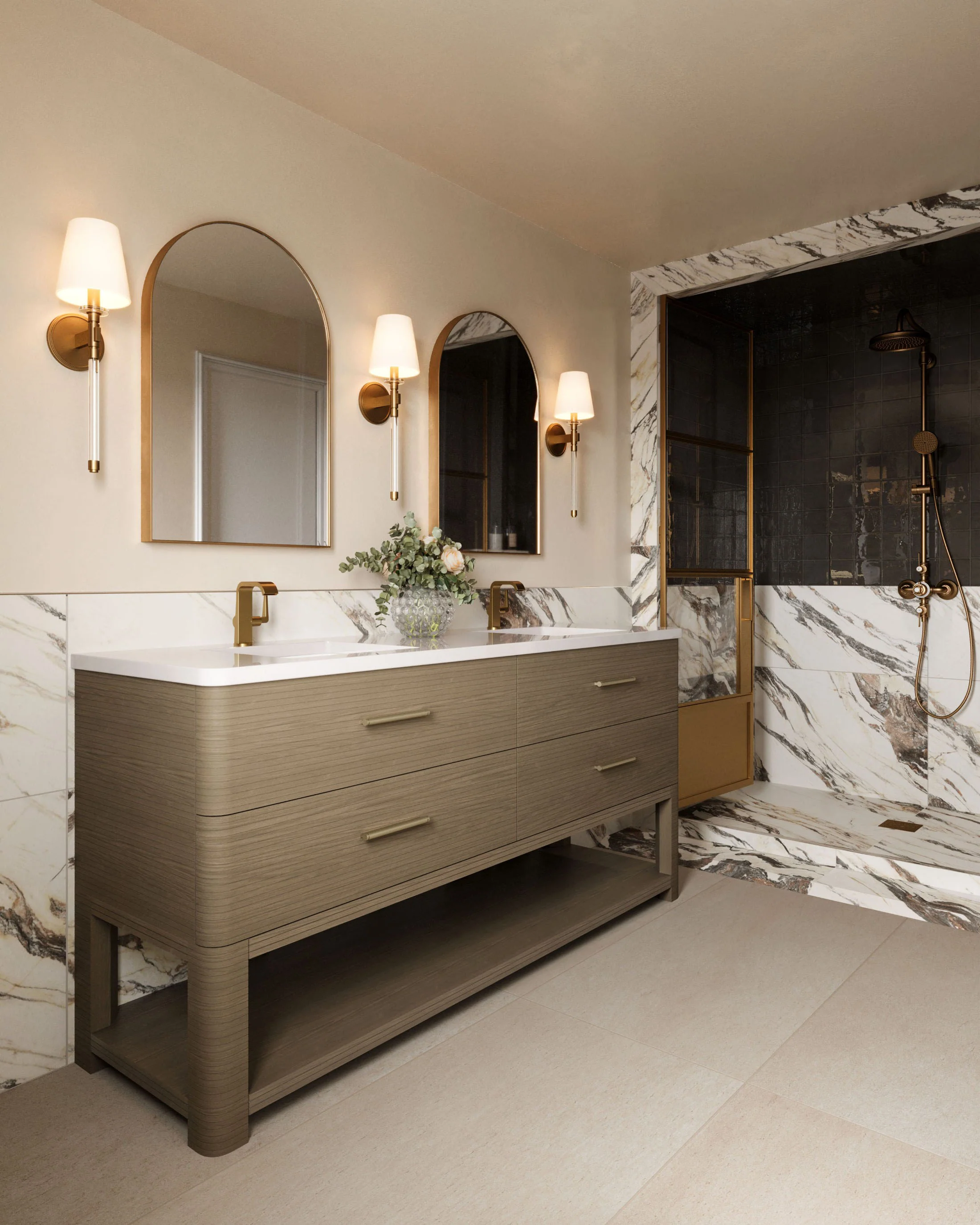 Paxton 72" Double Vanity in Pebble Oak with 3 cm White Zeus Quartz Top - Image 9